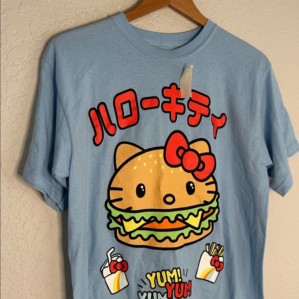 NEW Hello Kitty Burger Blue Graphic T-Shirt Sanrio Yum Size XS Oversized - Picture 2 of 8